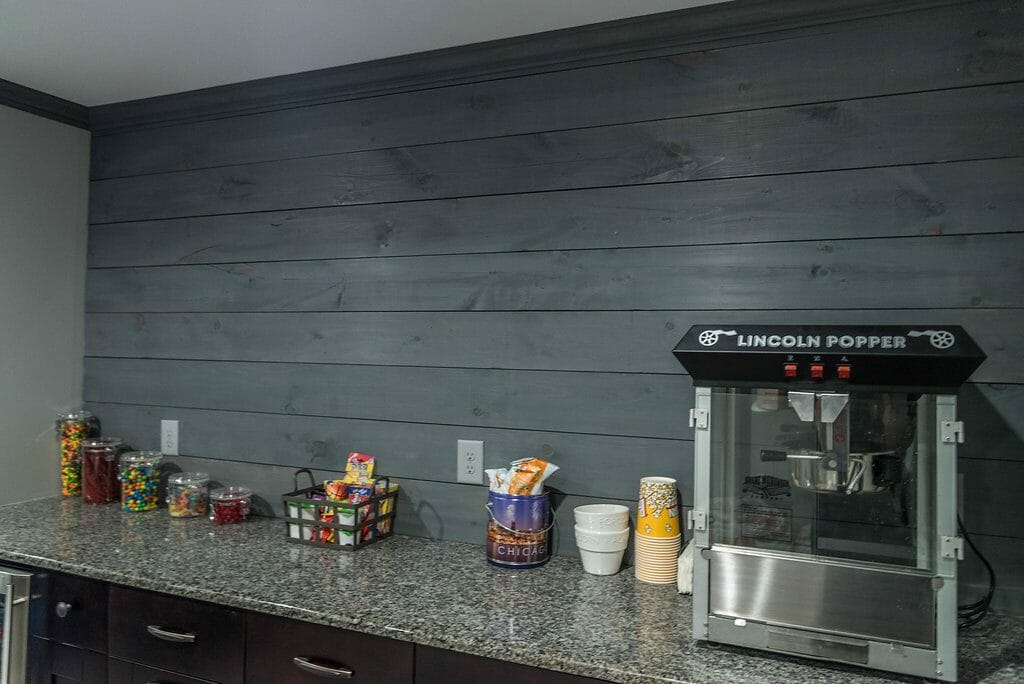 Snack counter with popcorn popper in East Cobb home theater