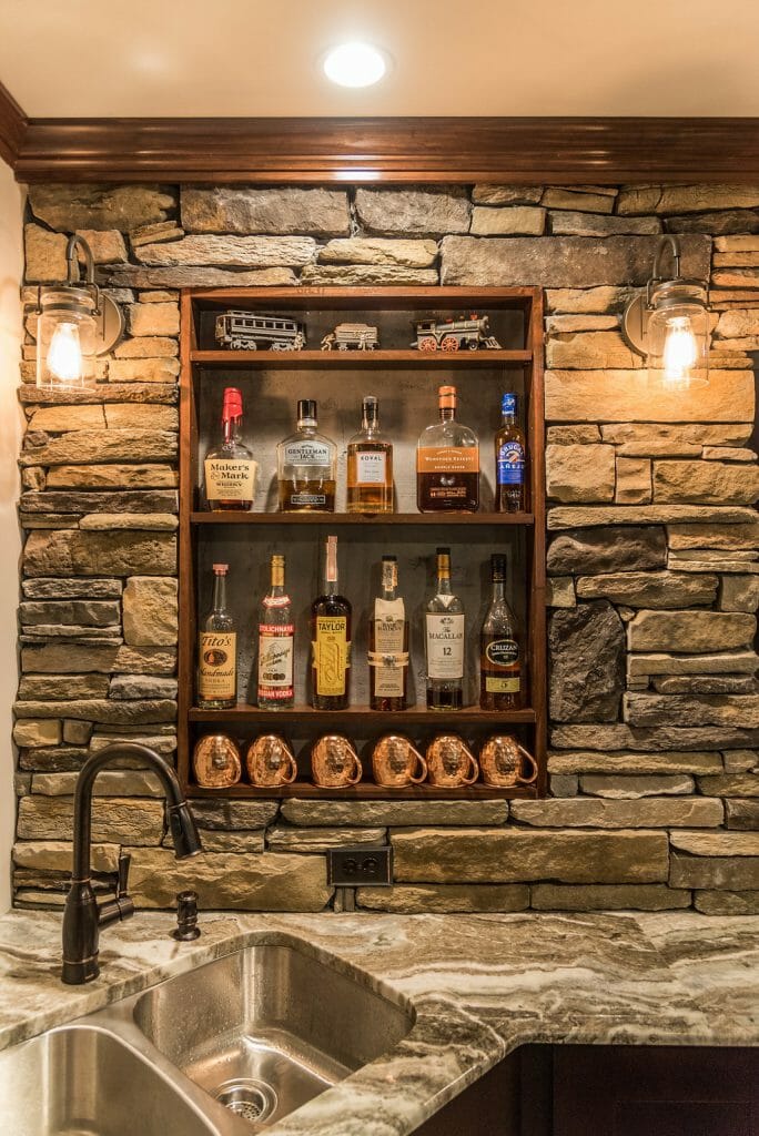 Shelves above the bar sink in basement remodel in East Cobb