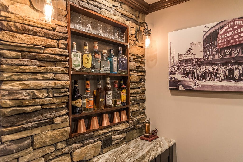 Built-in shelves in the bar back in the home bar basement remodel in East Cobb