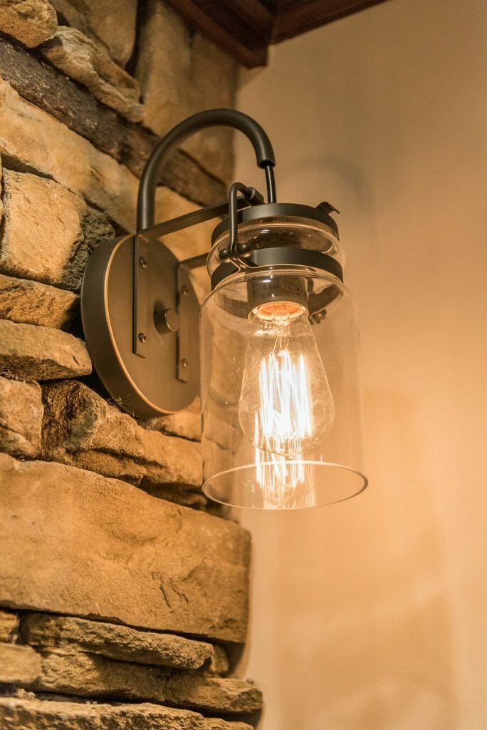 Industrial chic light fixture in the home bar remodel in East Cobb